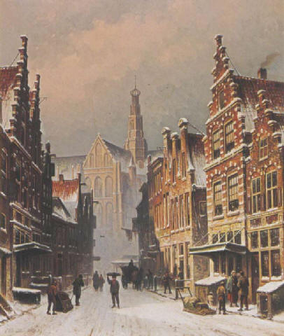 A snowy view of the Smedestraat, Haarlem
